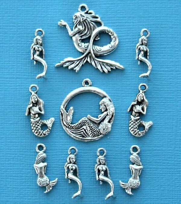 Mermaid Charm Collection Antique Silver Tone 10 Charms - COL209