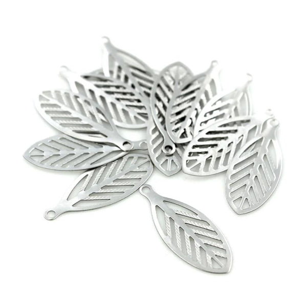 20 Leaf Silver Tone Stainless Steel Charms 2 Sided - MT489