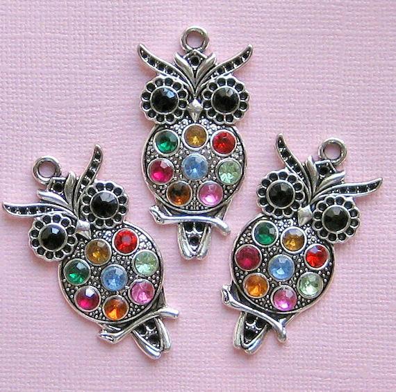 Owl Antique Silver Tone Charms With Inset Rhinestones - SC1134