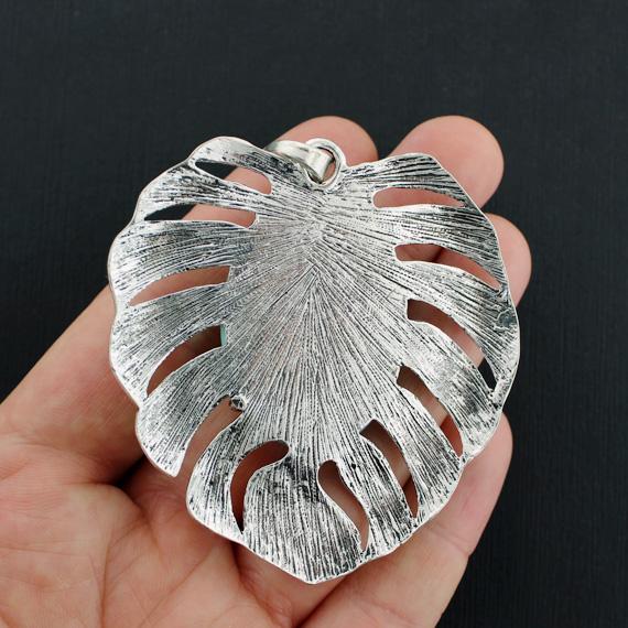 Palm Leaf Antique Silver Tone Charms With Imitation Turquoise - SC2375