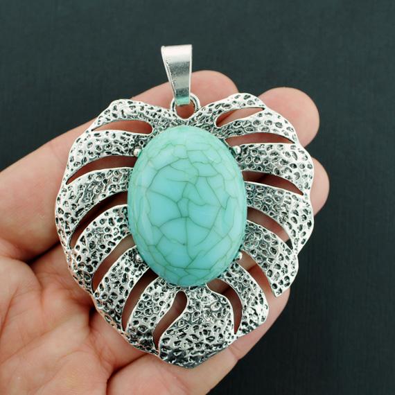 Palm Leaf Antique Silver Tone Charms With Imitation Turquoise - SC2375