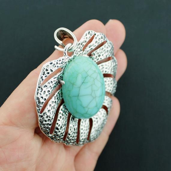 Palm Leaf Antique Silver Tone Charms With Imitation Turquoise - SC2375