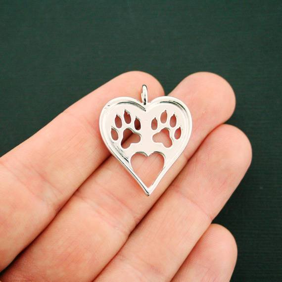 Paw Print Heart Silver Tone Charm 2 Sided - SC7206