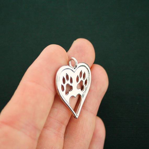 Paw Print Heart Silver Tone Charm 2 Sided - SC7206