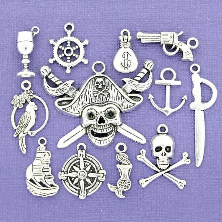 Pirate Charm Collection Antique Silver Tone 12 Different Charms - COL100