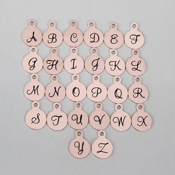 Rose Gold Stainless Steel Letter Charms - Full Alphabet 26 Letters - Uppercase Script Alphabet - 13mm With Loop - ALPHA1500BFSROGOLD