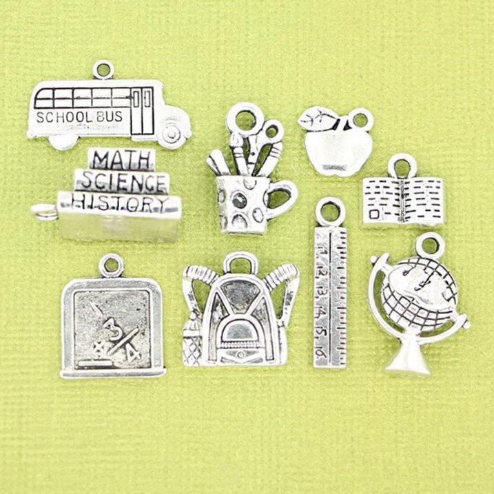 School Charm Collection Antique Silver Tone 9 Different Charms - COL073