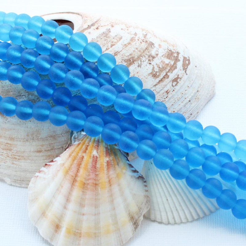 Round Cultured Sea Glass Beads 8mm - Frosted Blue - 1 Strand 26 Beads - U087
