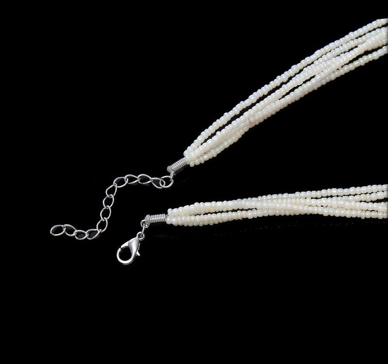 Seed Bead Necklace Ivory Tone Base 5 Strand With Clasp and Extender - N108