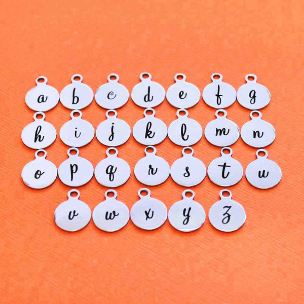 Stainless Steel Letter Charms - Full Alphabet 26 Letters - Lowercase Script Alphabet - 13mm With Loop - ALPHA1600BFS