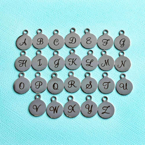 Stainless Steel Letter Charms - Full Alphabet 26 Letters - Uppercase Script Alphabet - 13mm With Loop - ALPHA1500BFS