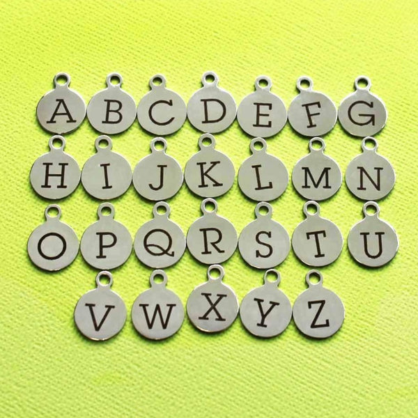 Stainless Steel Letter Charms - Full Alphabet 26 Letters - Uppercase Alphabet - 13mm With Loop - ALPHA1300BFS