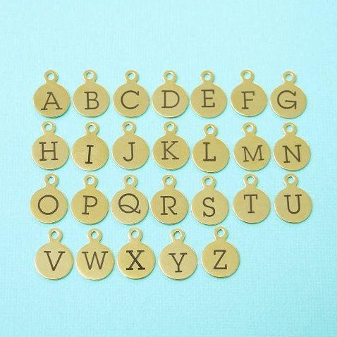 Breloques lettres en acier inoxydable doré - Alphabet complet 26 lettres - Alphabet majuscule - 13mm avec boucle - ALPHA1300BFSGOLD