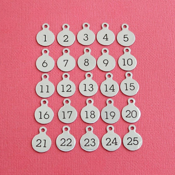 Stainless Steel Number Charms - Set of 25 Charms - Numbers 1-25 - 13mm With Loop - NUMBER001BFS