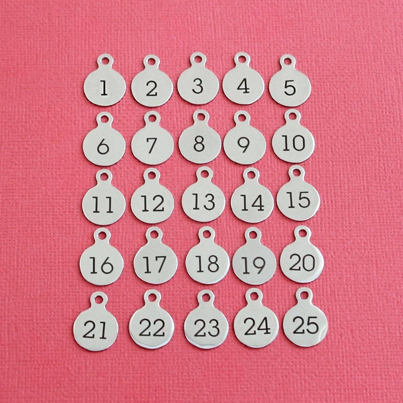 Stainless Steel Number Charms - Set of 25 Charms - Numbers 1-25 - 13mm With Loop - NUMBER001BFS