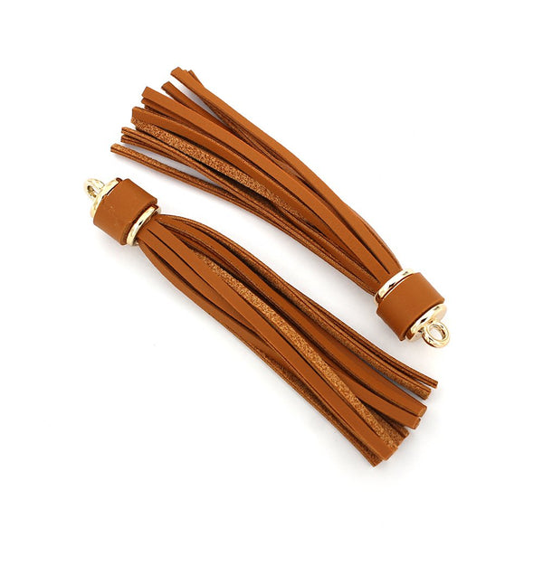 Imitation Leather Tassels - Saddle Brown and Gold Tone - 1 Piece - Z970