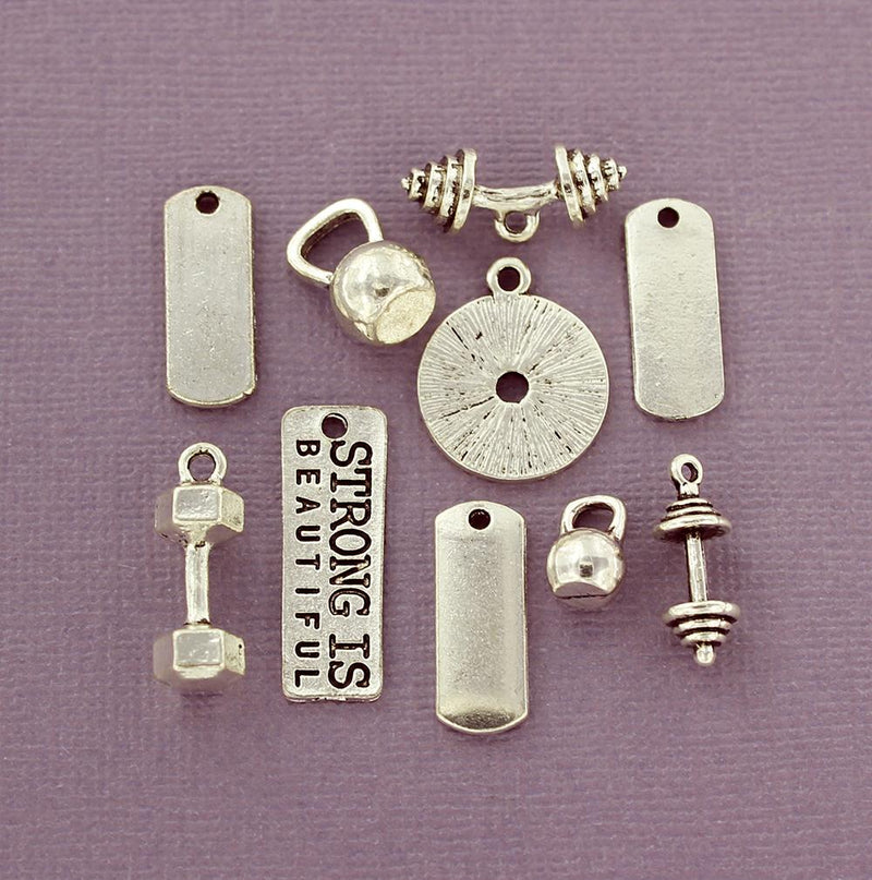 Weight Training Charm Collection Antique Silver Tone 10 Charms - COL335