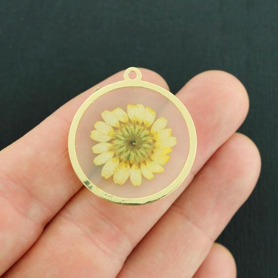 Dried Flower Gold Tone Enamel Charms - E689
