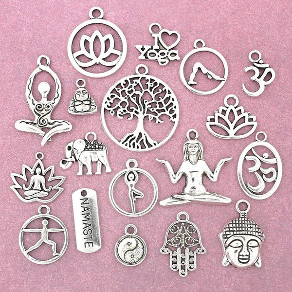 Deluxe Yoga Charm Collection Antique Silver Tone 18 Different Charms - COL037