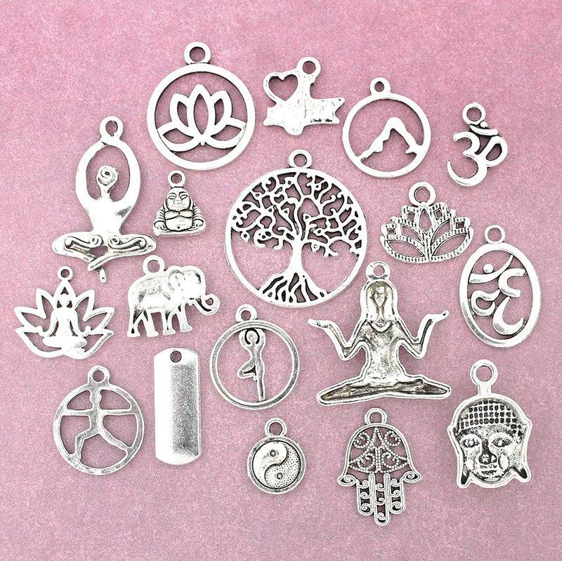 Deluxe Yoga Charm Collection Antique Silver Tone 18 Different Charms - COL037
